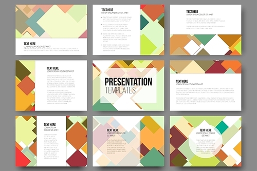 Set of 9 templates for presentation slides. Abstract colored backgrounds, square design vectors.