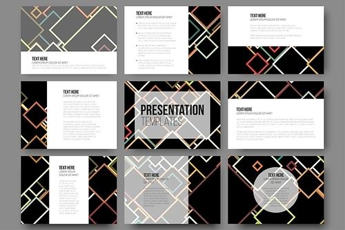 Set of 9 templates for presentation slides. Abstract colored backgrounds, square design vectors.