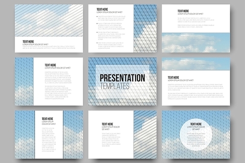 set of 9 templates for presentation slides. blue cloudy sky. collection of abstract multicolored backgrounds. natural geometrical s. triangular and hexagonal style vector illustration.