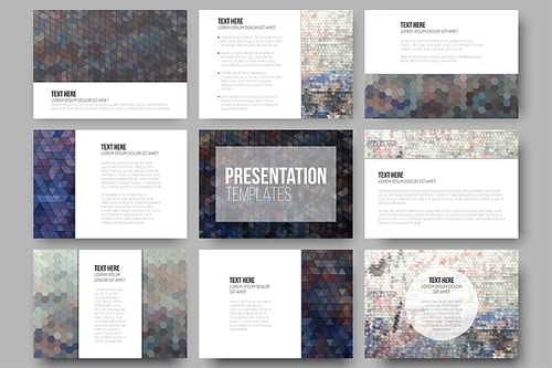 Set of 9 templates for presentation slides. Graffiti wall. Collection of abstract multicolored backgrounds. Geometrical patterns. Triangular and hexagonal style vector.