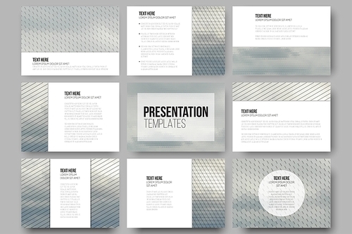 set of 9 templates for presentation slides. gray cloudy sky. collection of abstract multicolored backgrounds. natural geometrical s. triangular and hexagonal style vector illustration.