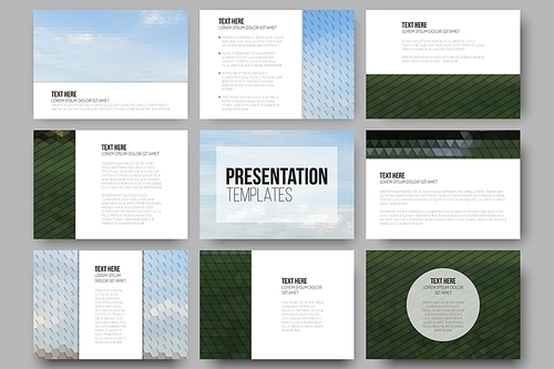 Set of 9 templates for presentation slides. Park landscape. Collection of abstract multicolored backgrounds. Natural geometrical patterns. Triangular and hexagonal style vector illustration.