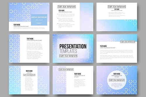 Set of 9 vector templates for presentation slides. Abstract white circles on light blue background, vector illustration.