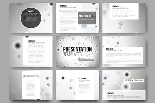 Set of 9 vector templates for presentation slides. Molecular research, illustration of cells in gray, science vector background.