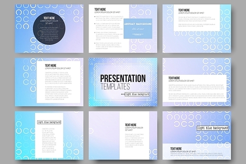 Set of 9 vector templates for presentation slides. Abstract white circles on light blue background, vector illustration.