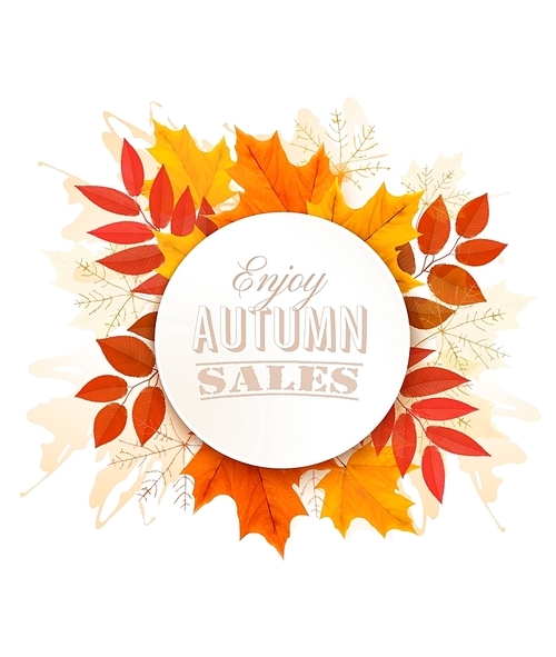 Autumn Sales Banner With Colorful Leaves. Vector.