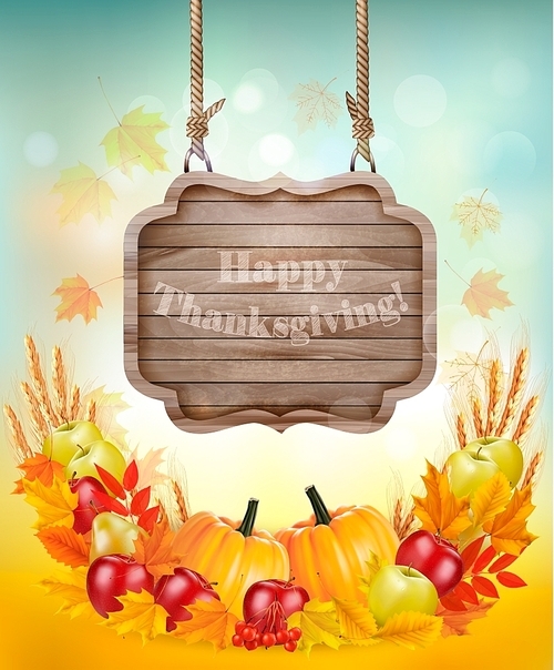 Happy Thanksgiving background with a wooden sign. Vector.