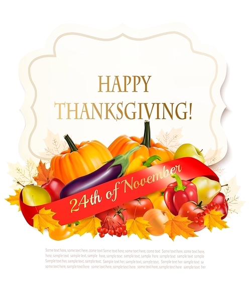 Thanksgiving background with autumn fruit and leaves. Vector.