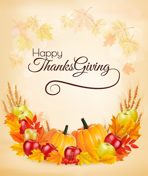 Happy Thanksgiving background with colorful autumn leaves and colorful fruit. Vector.