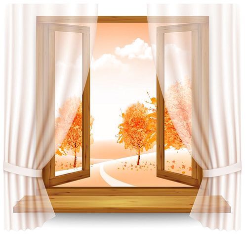 Nature autumn background with wooden window frame with curtains Vector