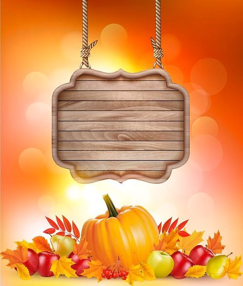 Autumn background with fruit and leaves and wooden sign. Vector.