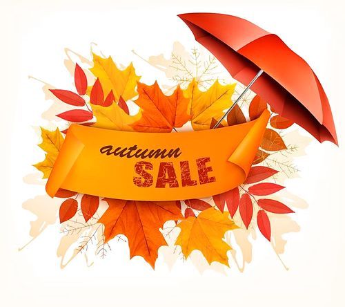 Autumn Sale Card With Colorful Leaves And Umbrella. Vector.