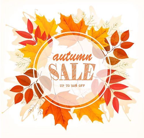 Autumn Sales Card With Colorful Leaves. Vector.