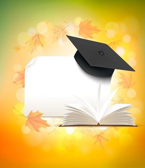 Graduation cap on autumn background with a book. Back to school concept. Vector.