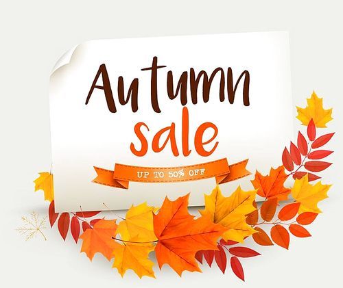 Autumn Sale Card With Colorful Leaves. Vector.