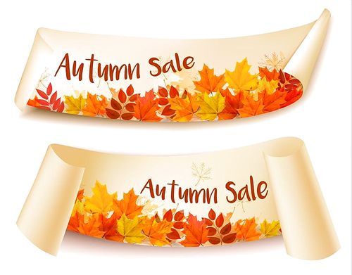 Two Autumn Sale Banners With Colorful Leaves. Layered Vector