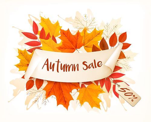 Autumn Sales Card With Colorful Leaves. Vector.