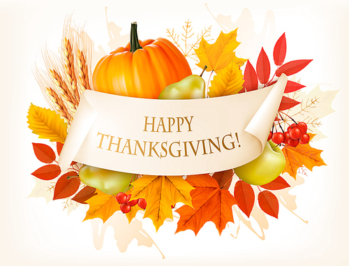 Happy Thanksgiving background with autumn vegetables and colorful leaves. Vector.