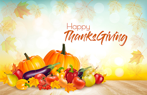 happy thanksgiving background with colorful fruit and s. vector.