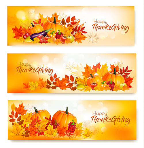 set of happy thanksgiving banners with autumn s and colorful leaves. vector.