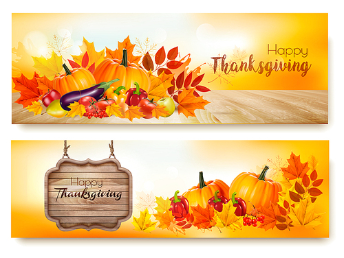 set of happy thanksgiving banners with autumn s and colorful leaves. vector.