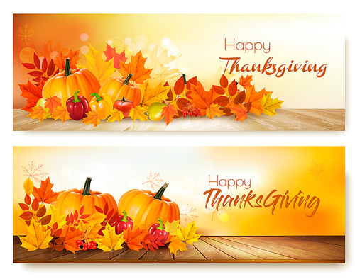 happy thanksgiving banners with autumn s and colorful leaves. vector.