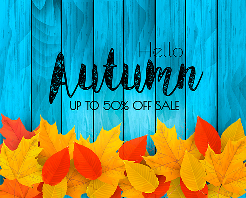 Autumn sale background with colorful leaves on wooden sign. Vector