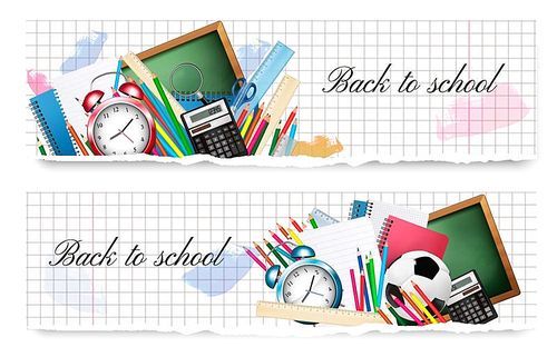 Two Back to School banners with school supplies on a paper background. Vector.