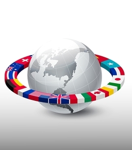 Travel background. Globe with a strip of flags. Vector.