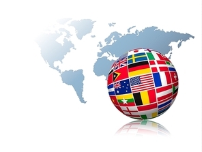 Globe made out of flags on a world map background. Vector.