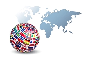 Globe made out of flags on a world map background. Vector.