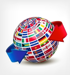 Globe made out of flags with two arrows. Vector.