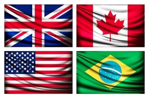 Four flags - UK, Canada, USA, Brazil. Vector.