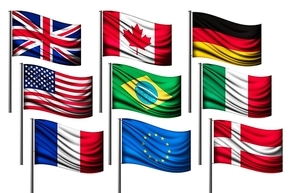 Nine different flags of major countries. Vector.