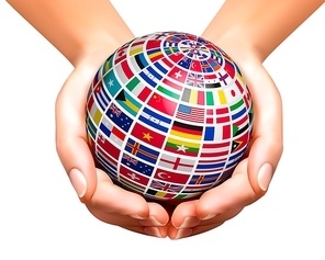 Flags of the world on a globe, held in hands. Vector illustration.