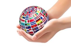 Flags of the world on a globe, held in hands. Vector illustration.