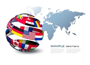 Globe made out of flags on a world map background. Vector.