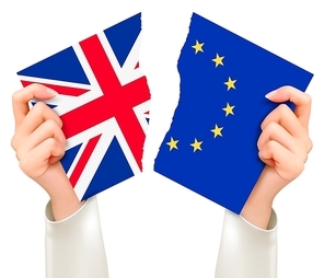 Two torn flags - EU and UK in hands. Brexit concept. Vector.