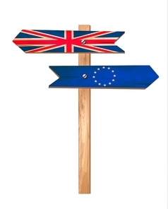 Two wooden signs - UK and EU. Brexit concept. Vector.