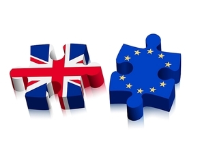 Two puzzle pieces - UK and EU. Brexit concept. Vector.