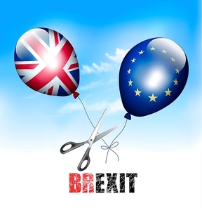 Brexit concept. Scissors cutting EU and UK balloons away from each other. Vector.