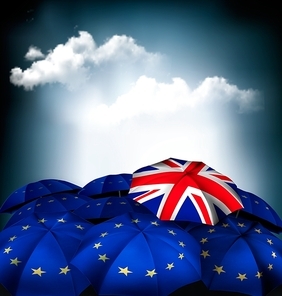 Brexit concept. Union jack umbrella between EU umbrellas. Vector