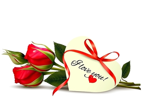 Two red roses with an I Love You note. Vector.