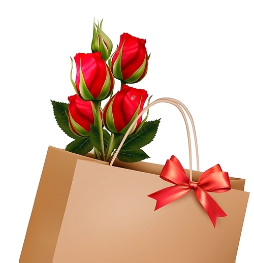 Holiday Background With Paper Shopping Bag with Bouquet Of Red Roses. Vector.