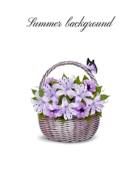 Holiday Background With Basket Full Of Beauty Flowers. Vector.