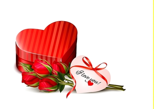 Holiday Valentine`s day background. Red roses with red heart-shaped gift box. Vector