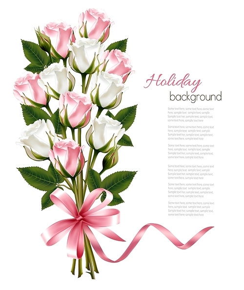 Bouquet of pink and white roses and pink ribbon. Vector.