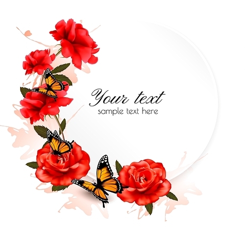 Holiday background with red flowers and butterfly. Vector.