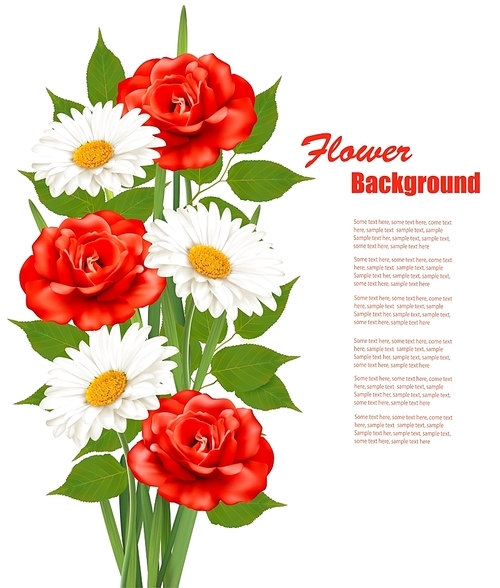 Flower Background With White Daisy and Red Roses. Vector illustration