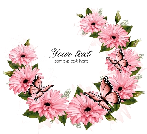 Beautiful holiday card with pink flowers. Vector.